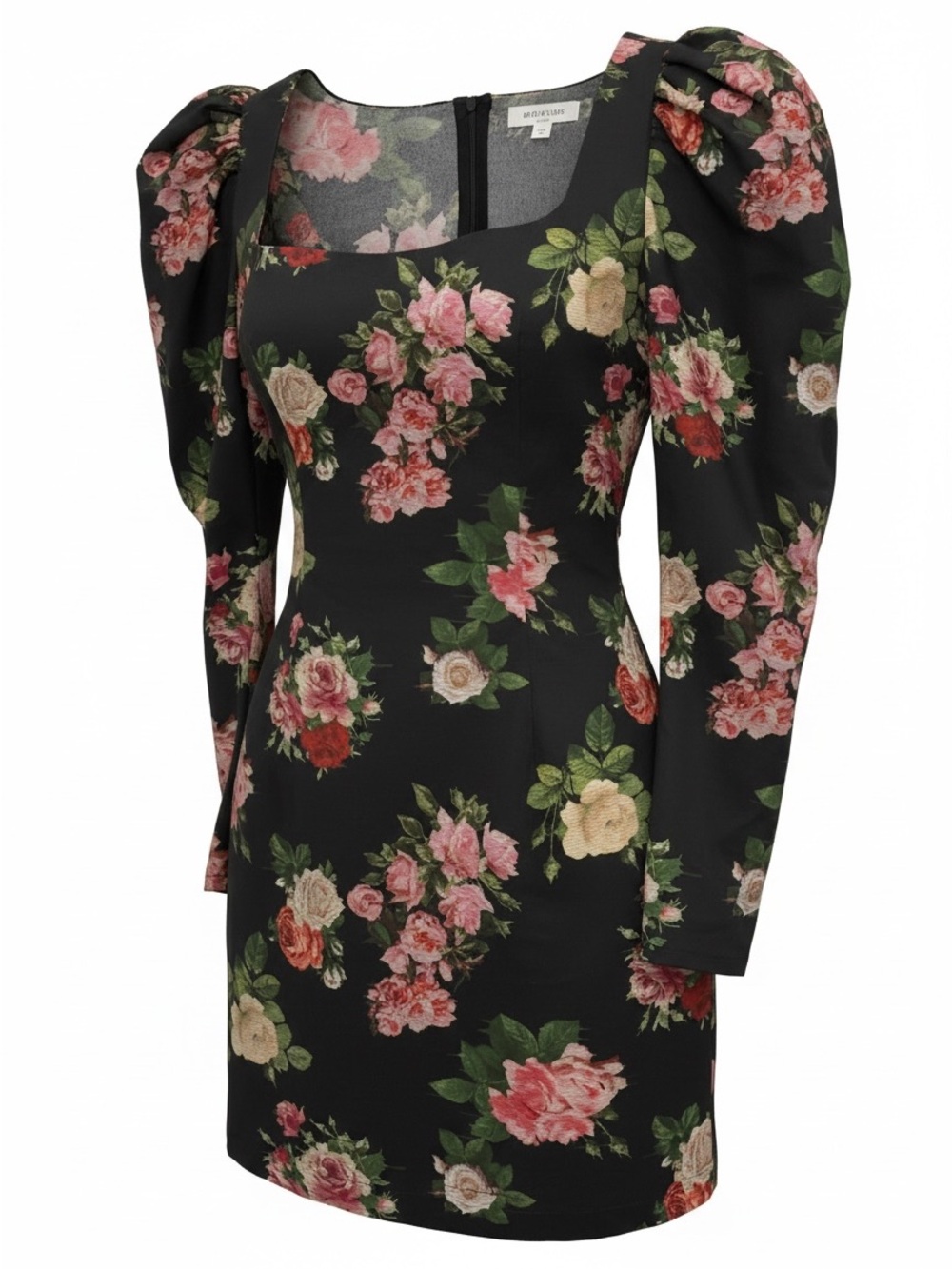 NA-KD Cotton Black Floral Mini Dress EU 8 Square Neck Puff Sleeve Romantic